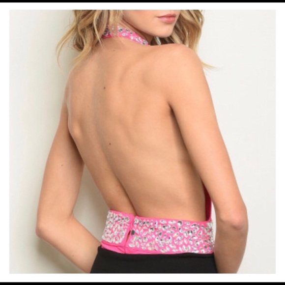 LARGE - FUCHSIA WITH STONES SEXY BODYSUIT - Picture 2 of 5